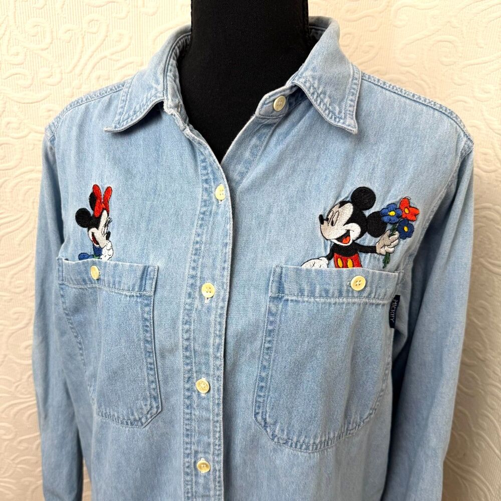VTG Mickey Unlimited Jerry Leigh Denim Shirt Womens S Embroidered Mickey Minnie